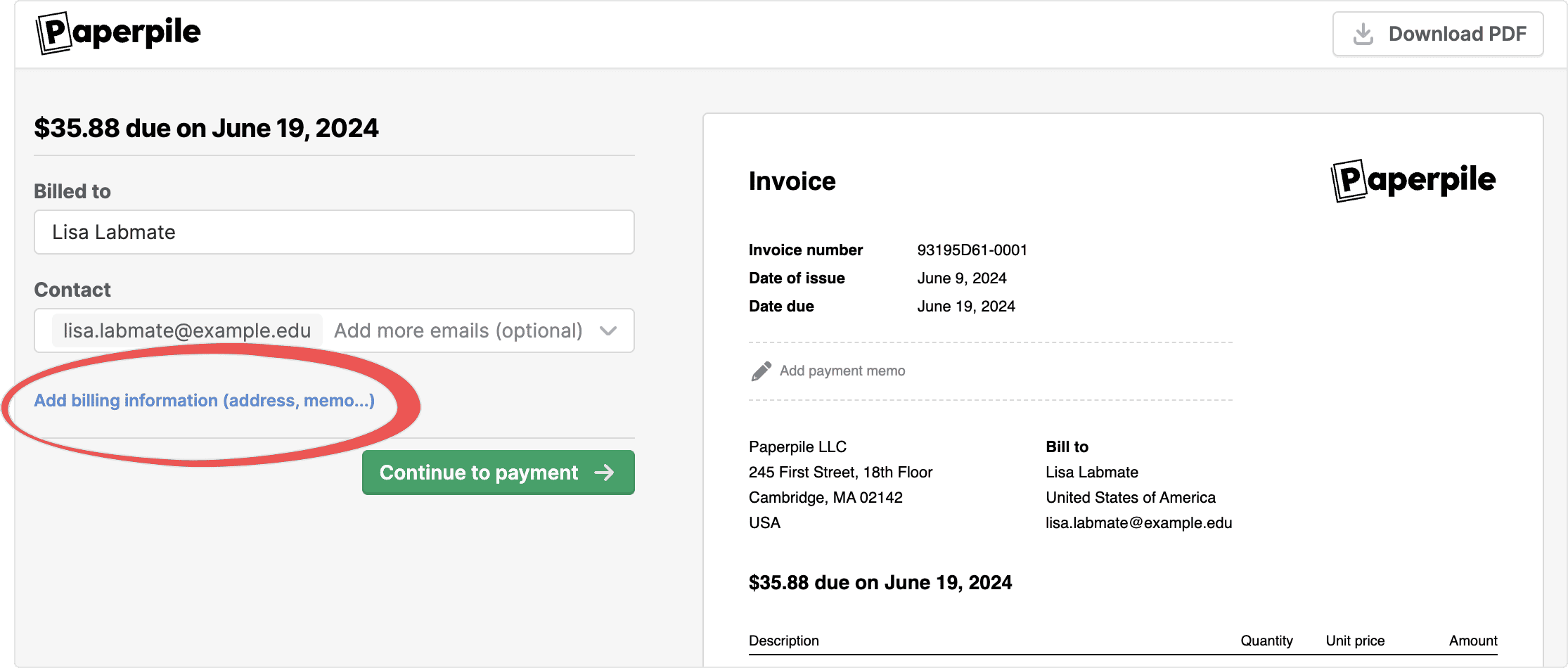 An invoice payment page for $35.88 due on June 19, 2024, with the circled “Add billing information (address, memo…)” link beside a “Continue to payment” button and a preview of the invoice on the right.